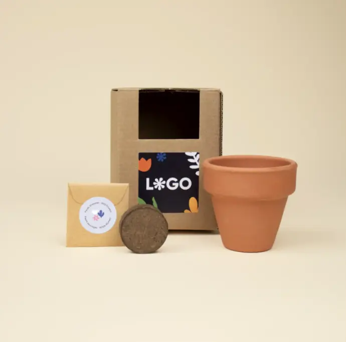 COCOT: Clay planting kit with seeds. Cardboard box with white sticker. Full color printing